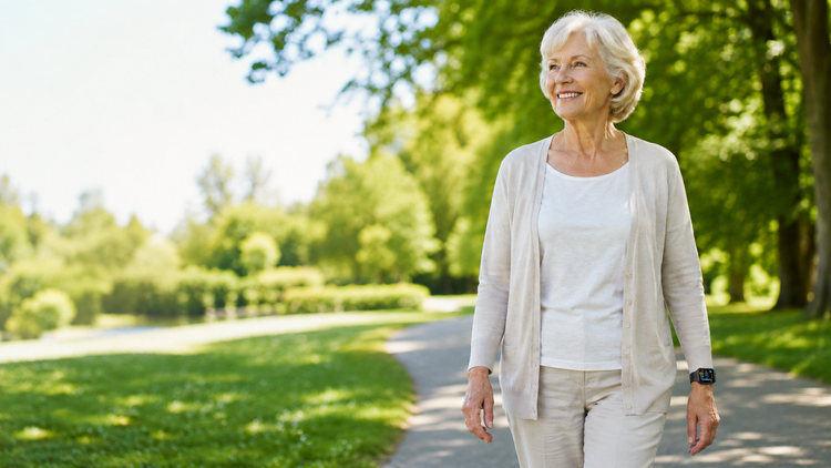 Senior woman wearing a fall detection smartwatch while walking outdoors