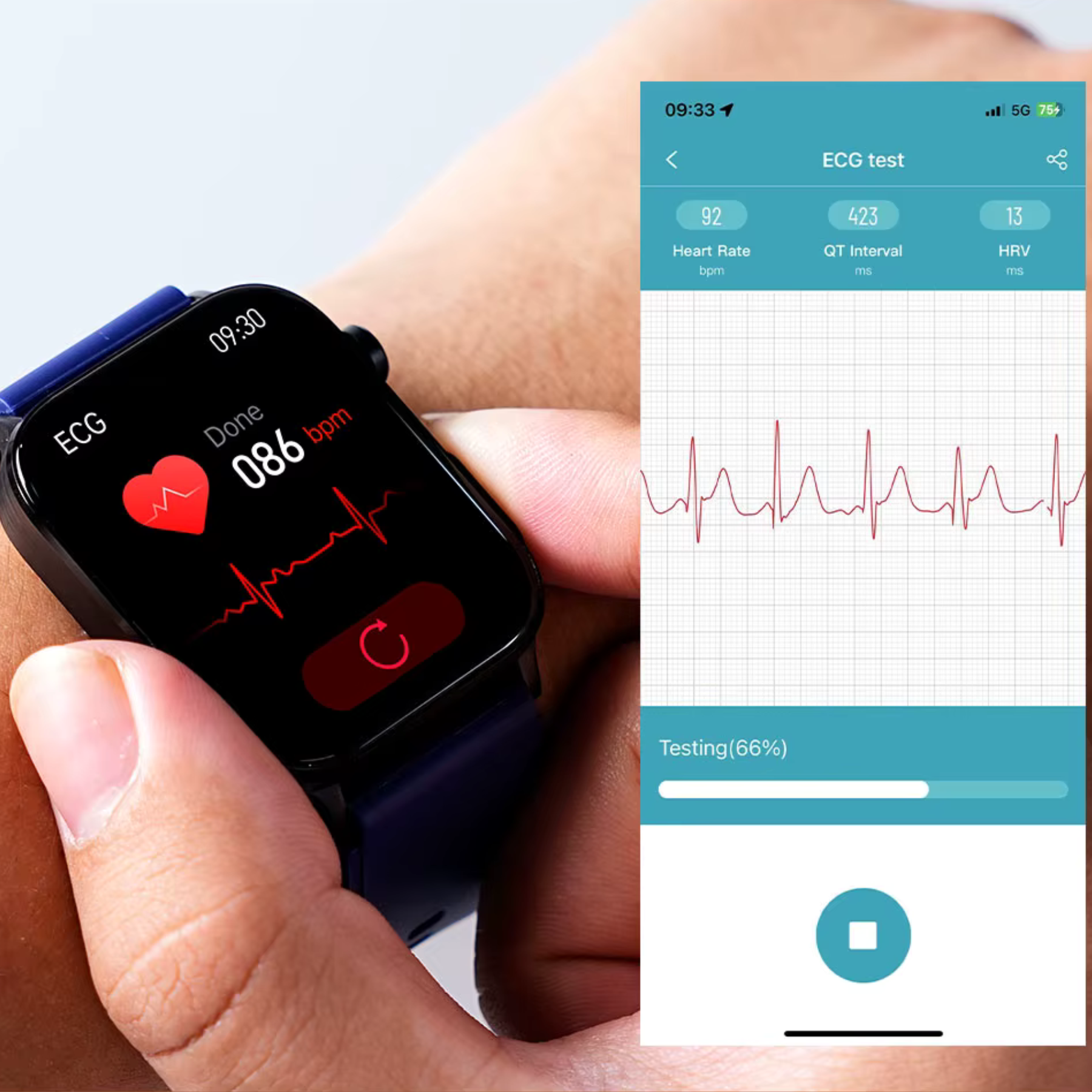 Smartwatch displaying ECG results with a phone app showing heart rate data.