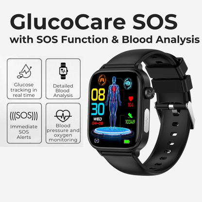 Black smartwatch with GlucoCare SOS features on a white background