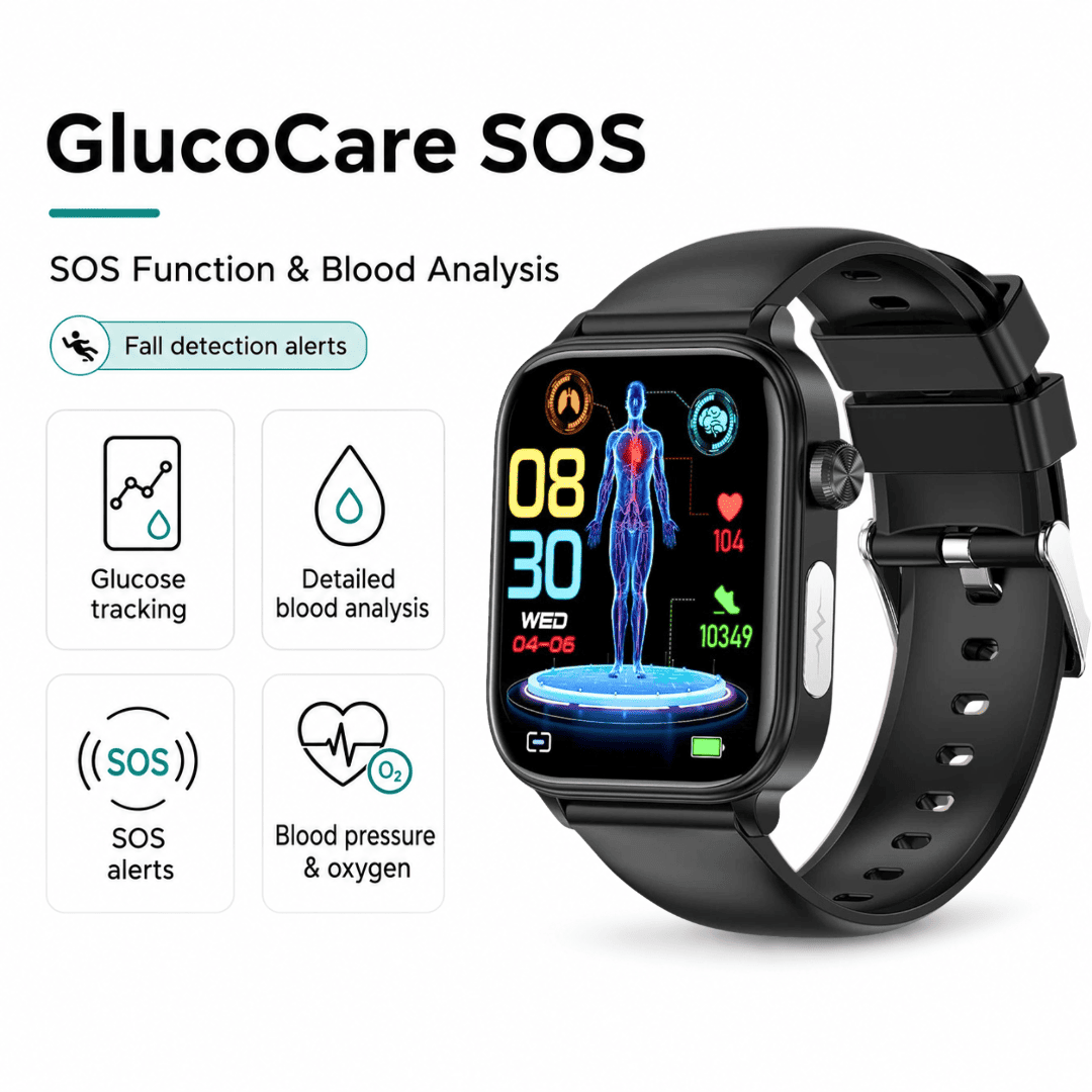 Black GlucoCare SOS smartwatch with glucose tracking, blood analysis, SOS alerts, blood pressure, oxygen monitoring and fall detection alerts