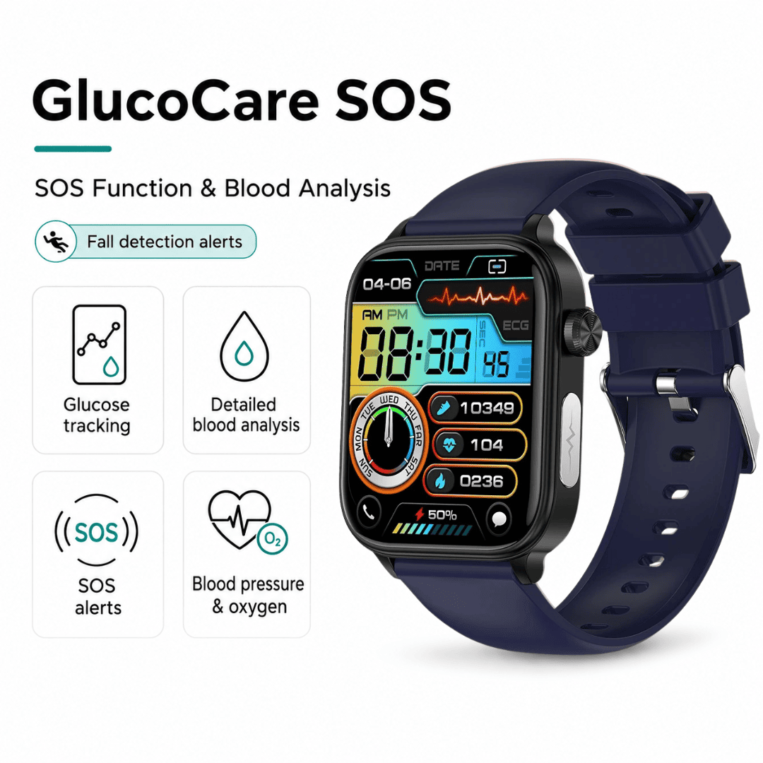 Blue GlucoCare SOS smartwatch with glucose tracking, blood analysis, SOS alerts, blood pressure, oxygen monitoring and fall detection alerts