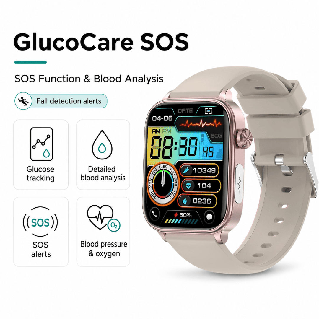 Grey GlucoCare SOS smartwatch with glucose tracking, blood analysis, SOS alerts, blood pressure, oxygen monitoring and fall detection alerts