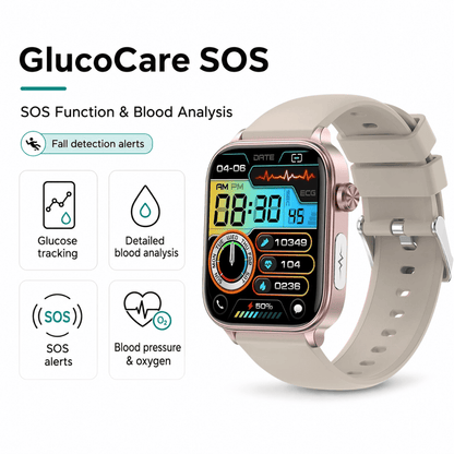 Grey GlucoCare SOS smartwatch with glucose tracking, blood analysis, SOS alerts, blood pressure, oxygen monitoring and fall detection alerts