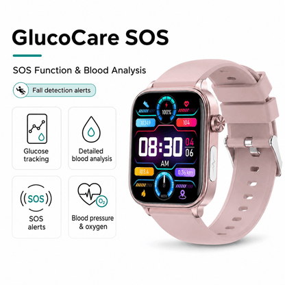 Pink GlucoCare SOS smartwatch with glucose tracking, blood analysis, SOS alerts, blood pressure, oxygen monitoring and fall detection alerts